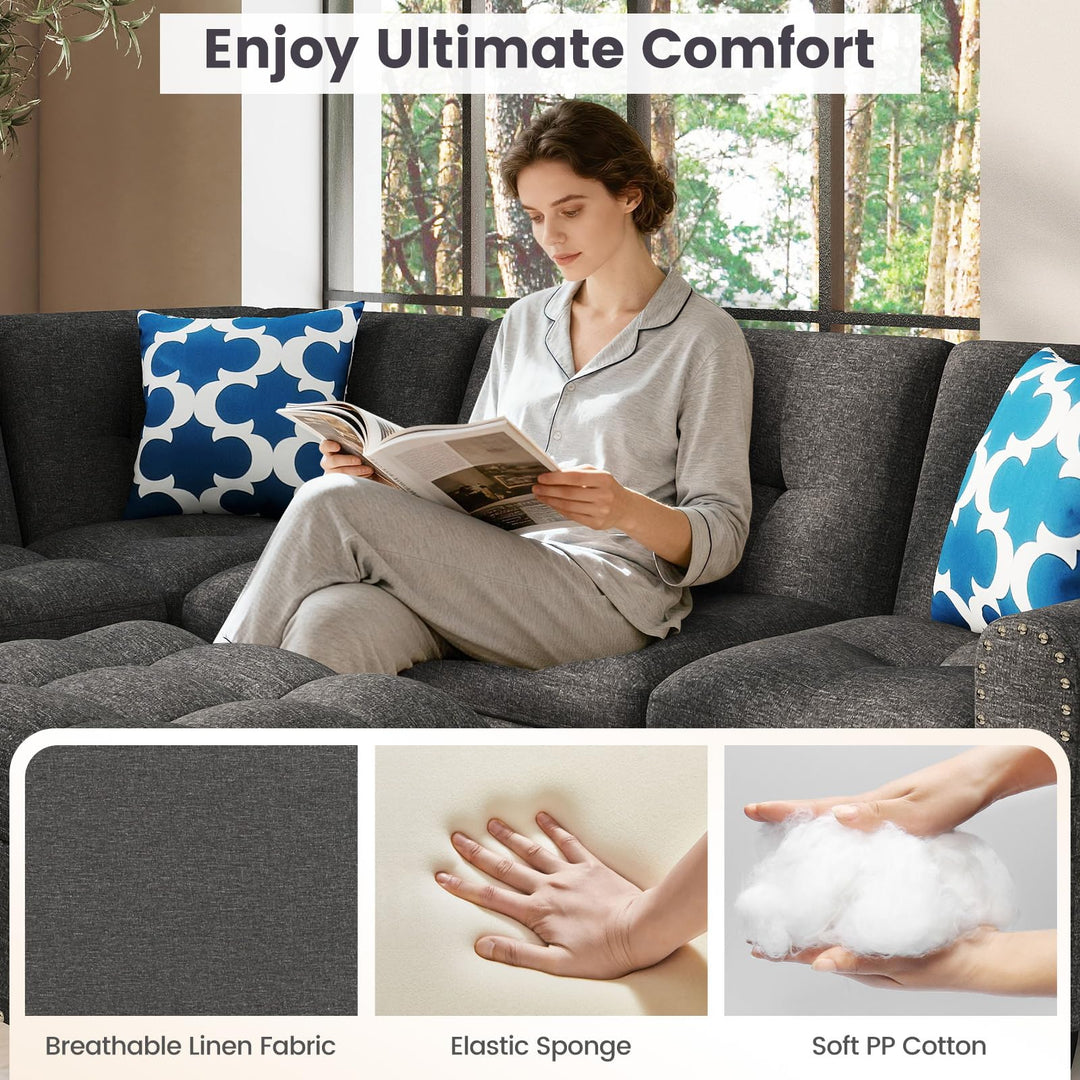 Giantex 98 Inches Sectional Sofa Couch with Movable Storage Ottoman and Linen Fabric Backs