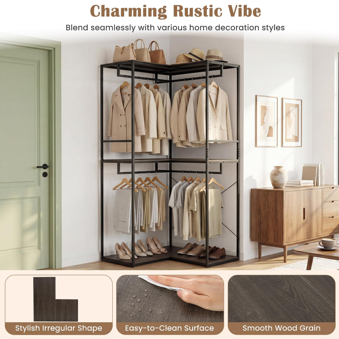 Giantex Heavy Duty Clothes Rack | 3-Tier L-Shaped Garment Rack w/3 Open Shelves &amp; 2 Hanging Racks