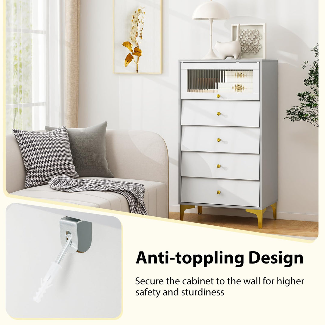 Giantex 4-Drawer Dresser with Flip Up Fluted Glass Door