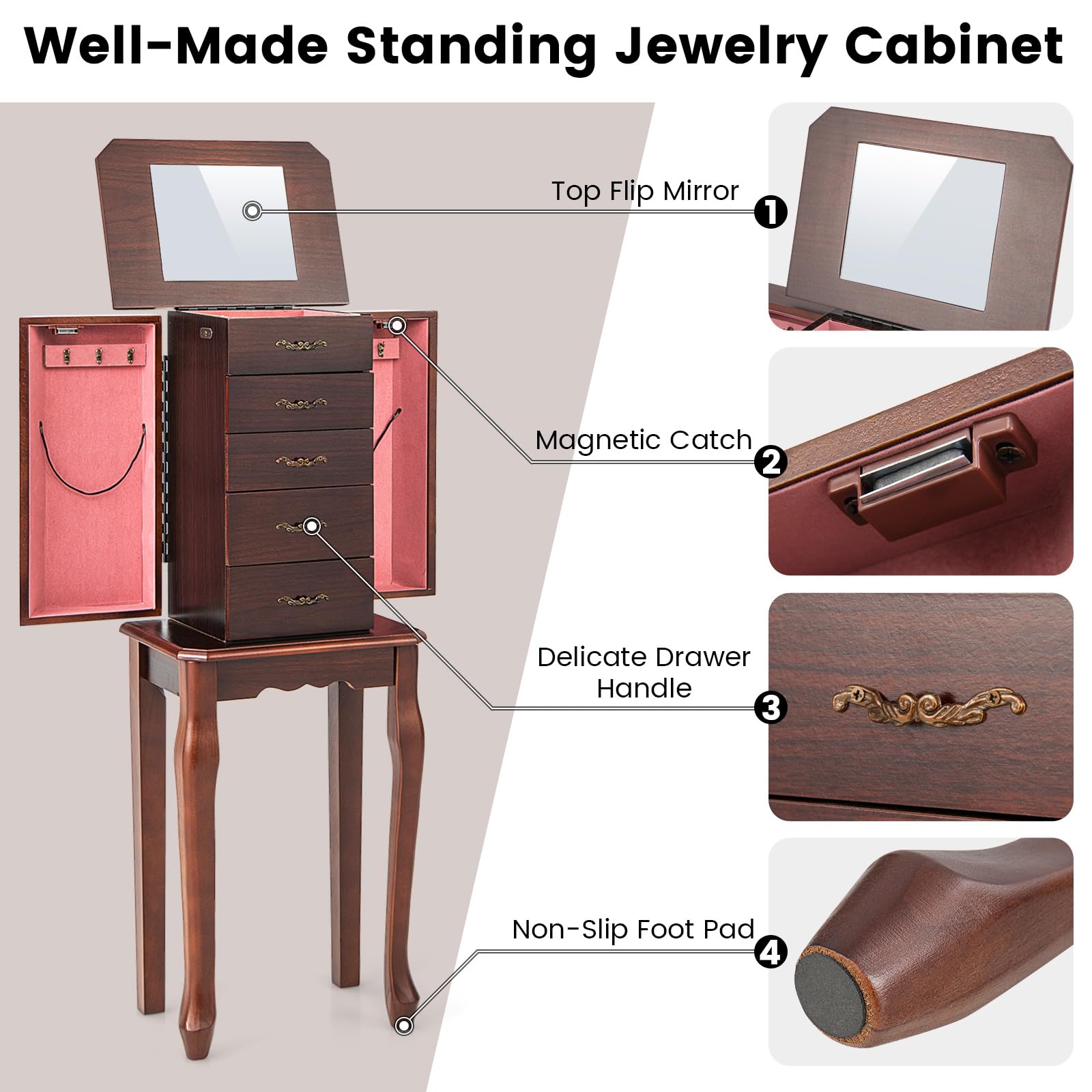 CHARMAID Standing Jewelry Organizer Cabinet with 4 Drawers, Top Storage Tray with Ring Slots, 2 Side Doors