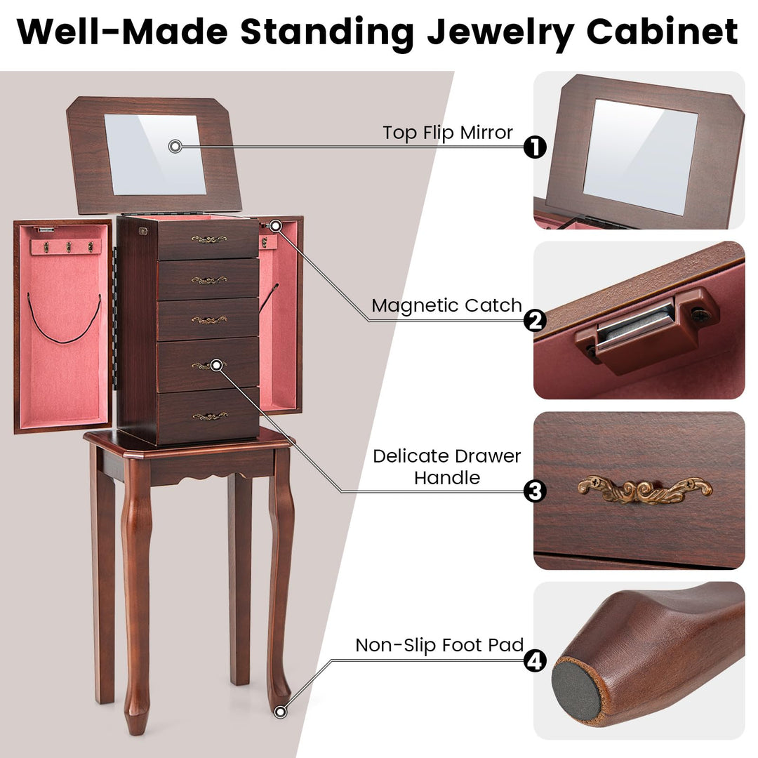 CHARMAID Standing Jewelry Organizer Cabinet with 4 Drawers, Top Storage Tray with Ring Slots, 2 Side Doors