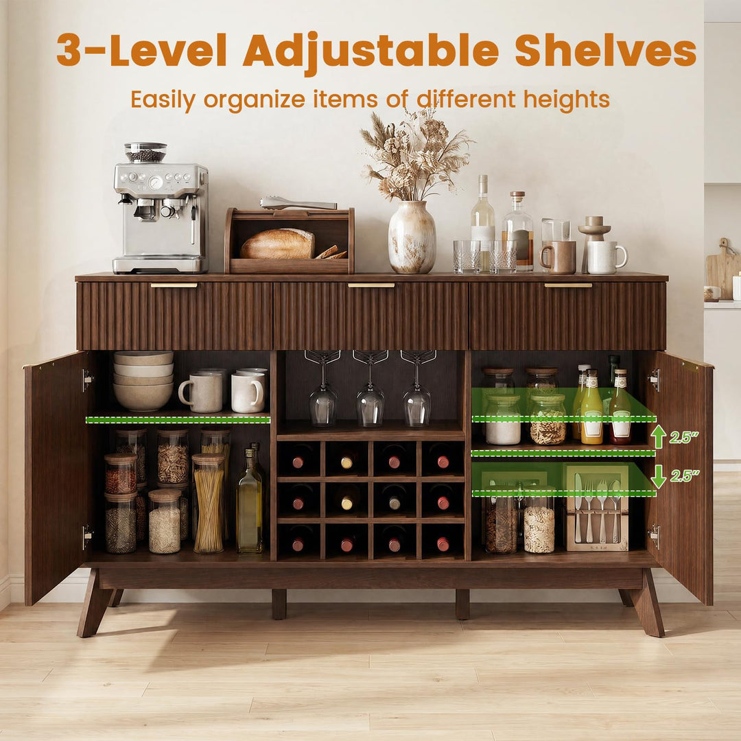 GIANTEX 60" Fluted Wine Bar Cabinet with 3 Stoarge Drawers &amp; Wine Rack Adjustable Shelves