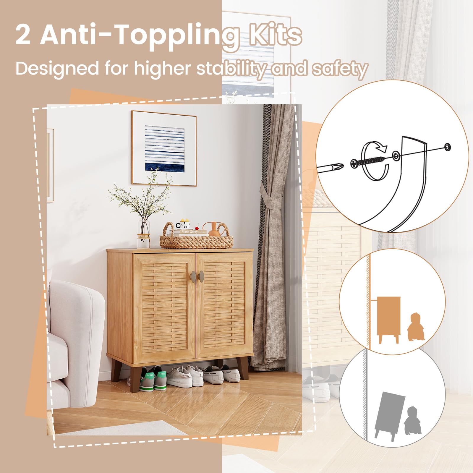 Giantex Shoe Cabinet with Doors, 4-Tier Farmhouse Shoe Storage Cabinet with 3 Adjustable Shelves