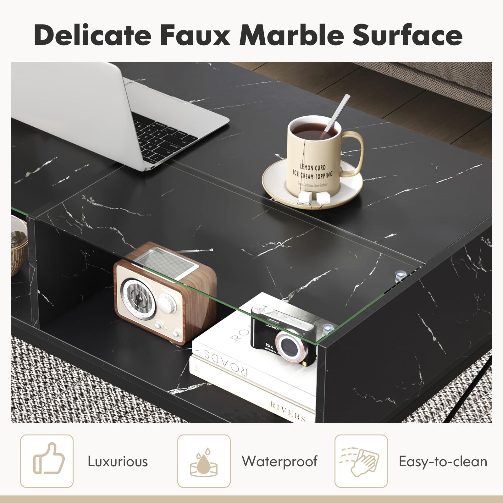Giantex LED Coffee Table, High Gloss Coffee Tables with 4 Storage Cubes