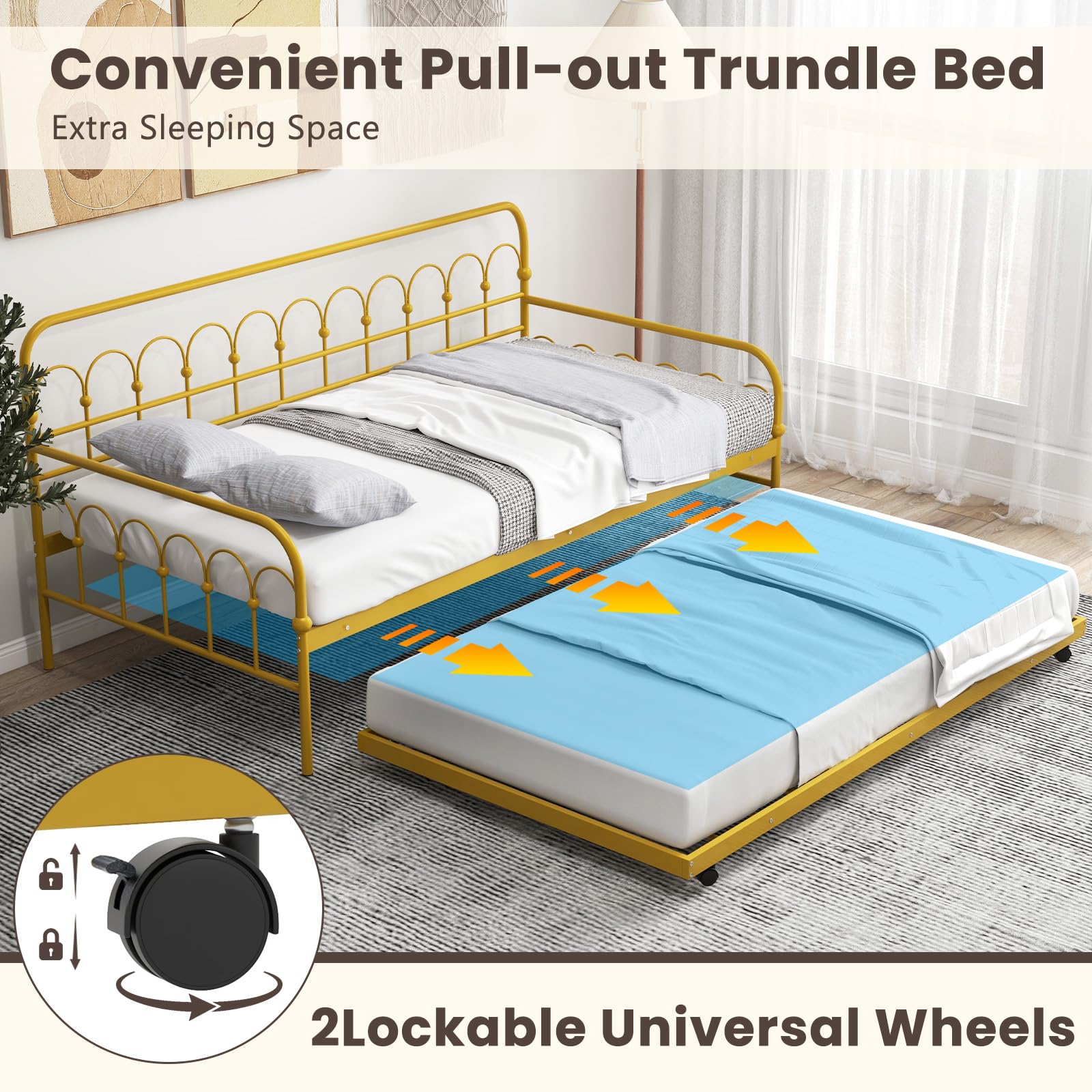 Giantex Twin Daybed with Trundle Gold, Metal Day Bed with Convenient Pull-Out Trundle Bed