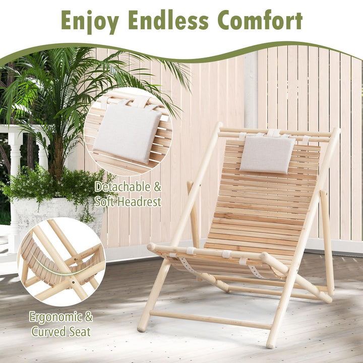 Giantex Wood Lounge Chair Outdoor - Folding Beach Chair with Detachable Headrest