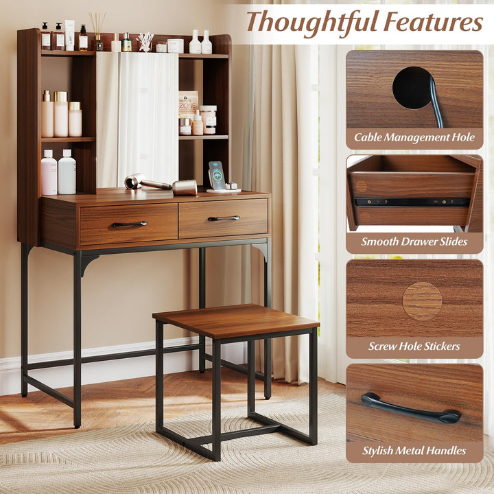 CHARMAID Vanity Desk with Charging Station Mirror Cabinet with Hidden Storage