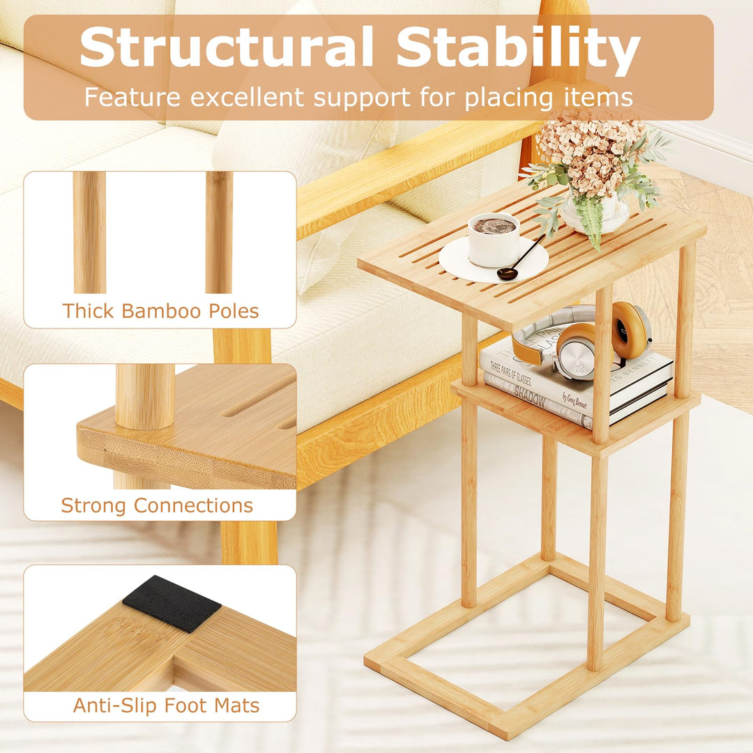Giantex Side Table Set of 2 with Storage Shelves and Bamboo Construction