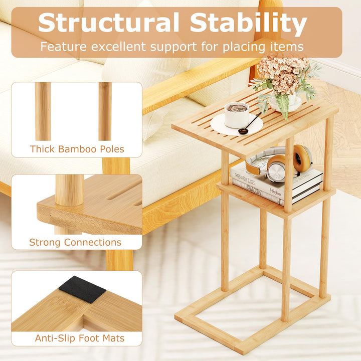 Giantex Side Table Set of 2 with Storage Shelves and Bamboo Construction