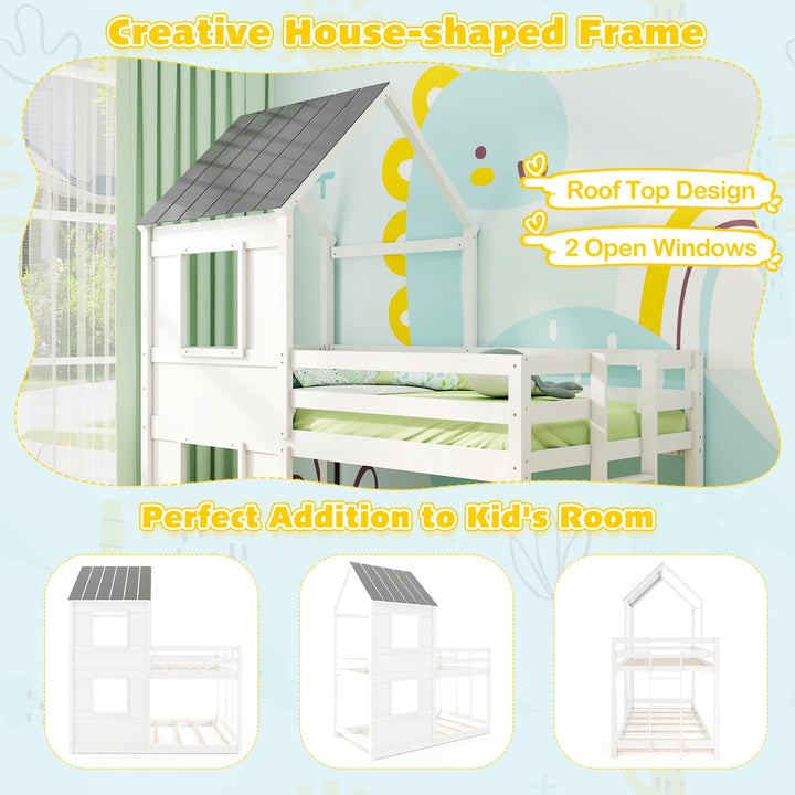 Giantex House Bunk Bed Twin Over Twin, Solid Wood Floor Bunk Bed with Built in Ladder, Window & Safety Guardrail