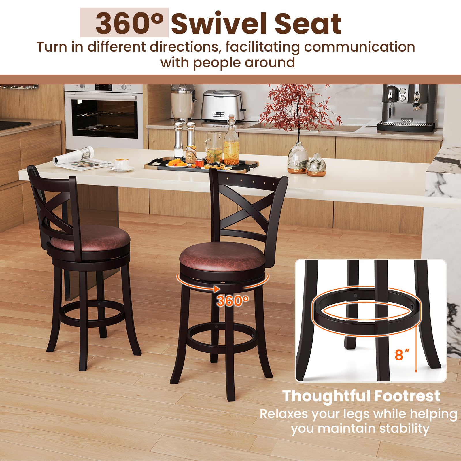 Giantex 26" Swivel Bar Stools with Backs & Upholstered Faux Leather Seat