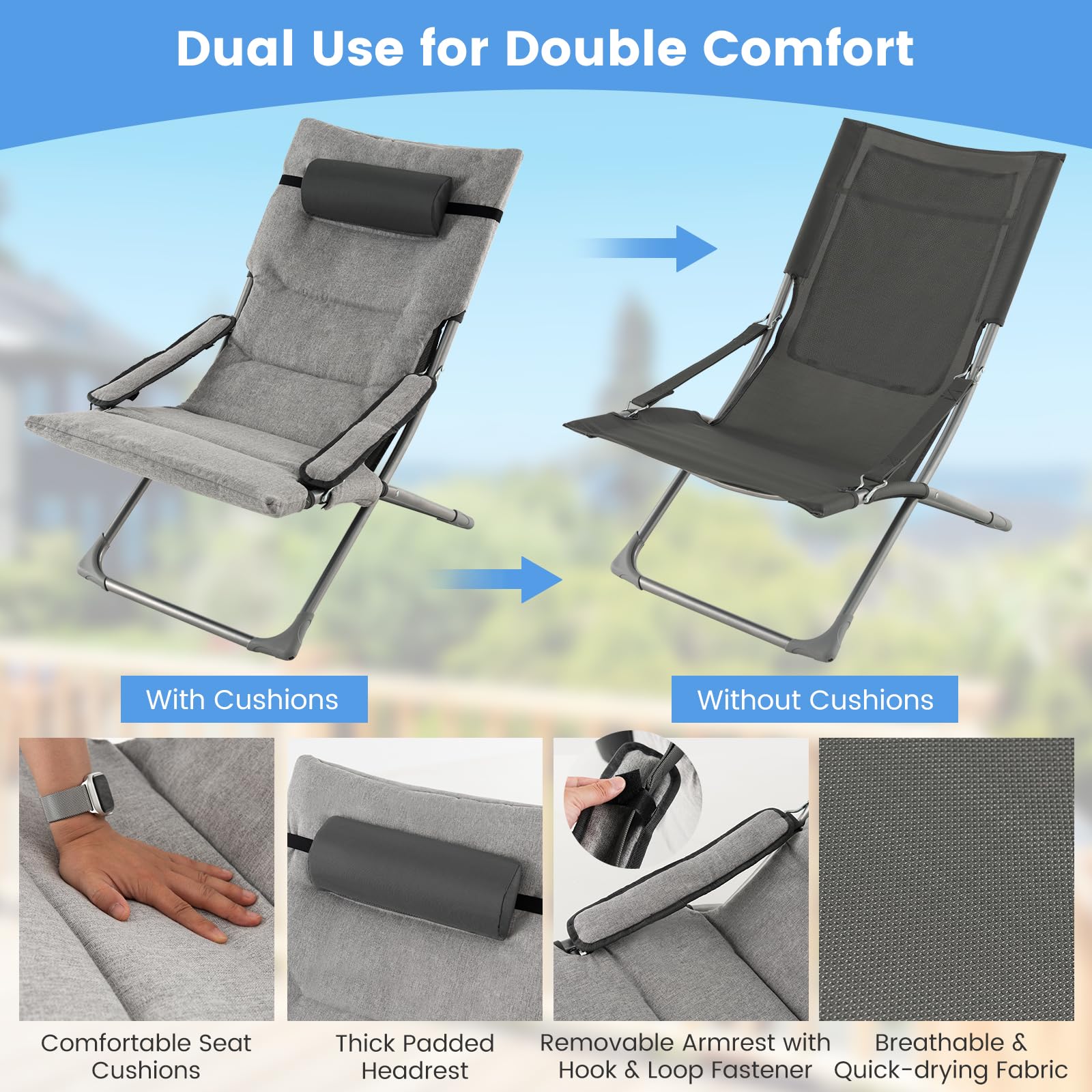 Giantex 5-Piece Patio Bistro Set, Folding Lounge Chairs with Footrest Stool & Side Table, Removable Cushion