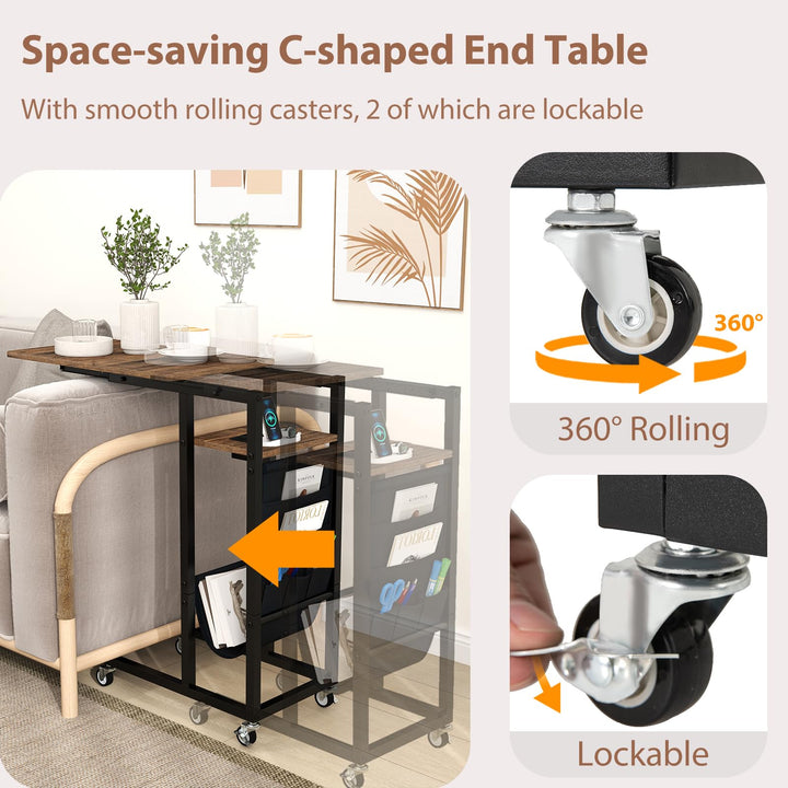 Giantex C Shaped End Table with Charging Station and Wheels