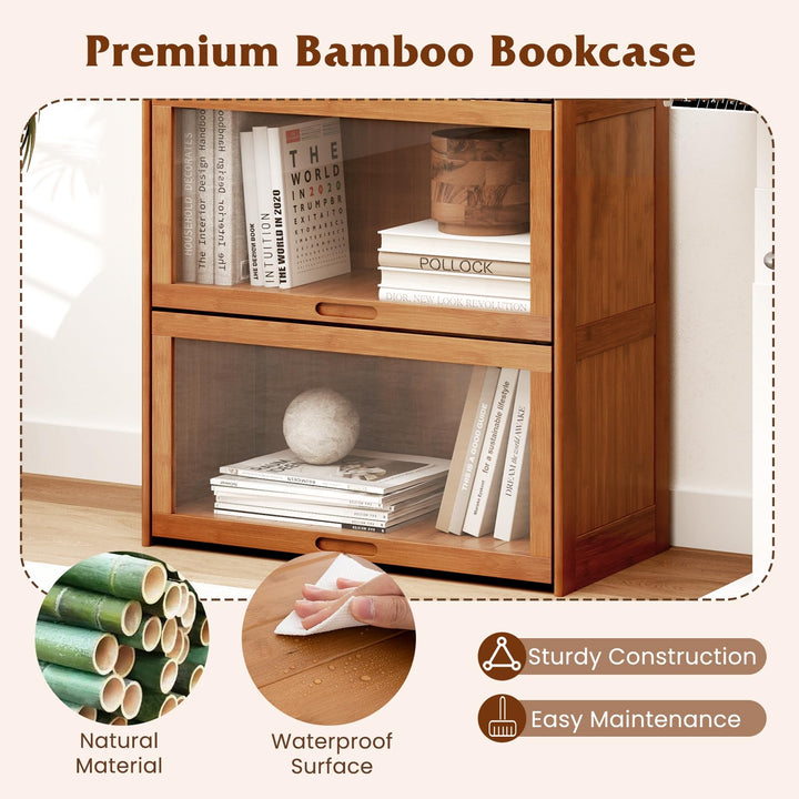 Giantex 4-Tier Bookcase with Clear Doors, 55" Bamboo Bookshelf with Flip-up Acrylic Doors, Freestanding Cube Storage Organizer with Shelves