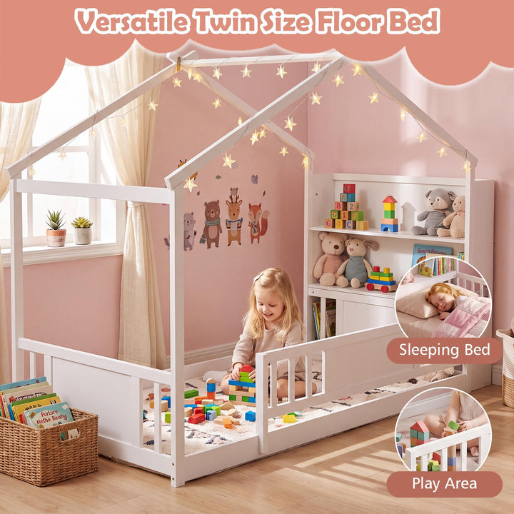 GIANTEX Twin Montessori Solid Wood Floor Bed with Storage Bookshelf