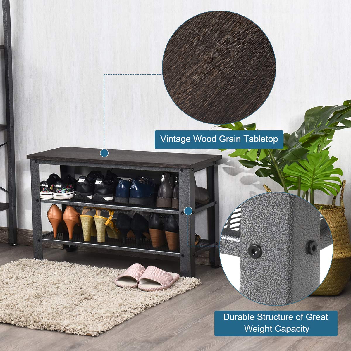 Giantex 3-Tier Shoe Bench, Industrial Shoe Rack with 2 Mesh Storage Shelves