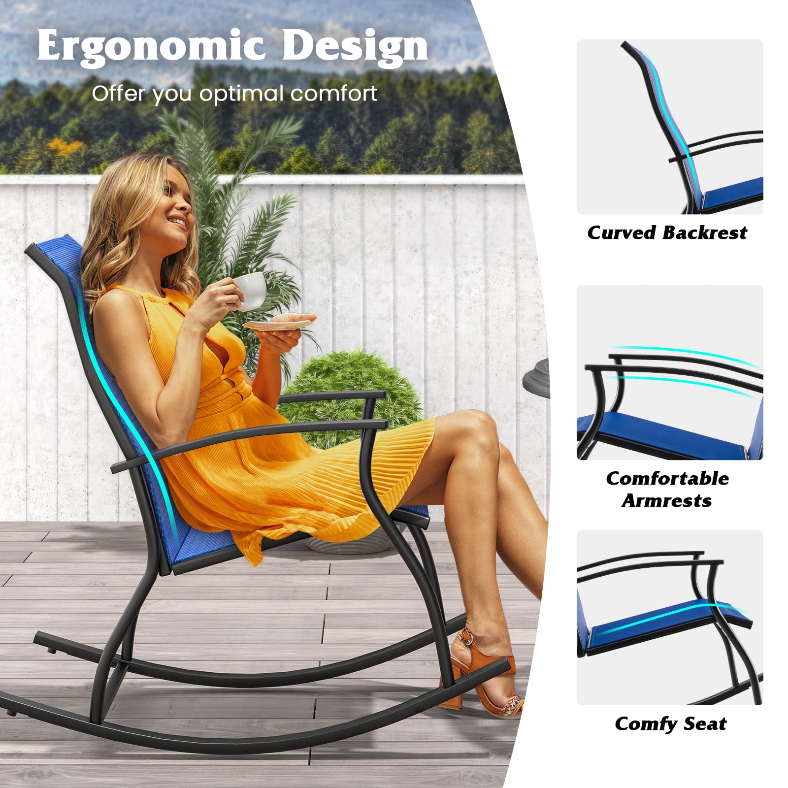 Giantex Outdoor Rocking Chair Set of 2 - Patio Rocking Chairs w/Breathable Backrest, Navy