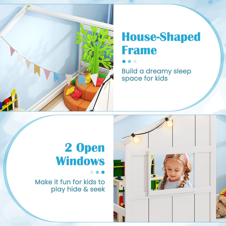 Giantex Twin Kids House Bed with Light Bulbs Wooden Montessori Floor Bed Frame with Roof & Windows