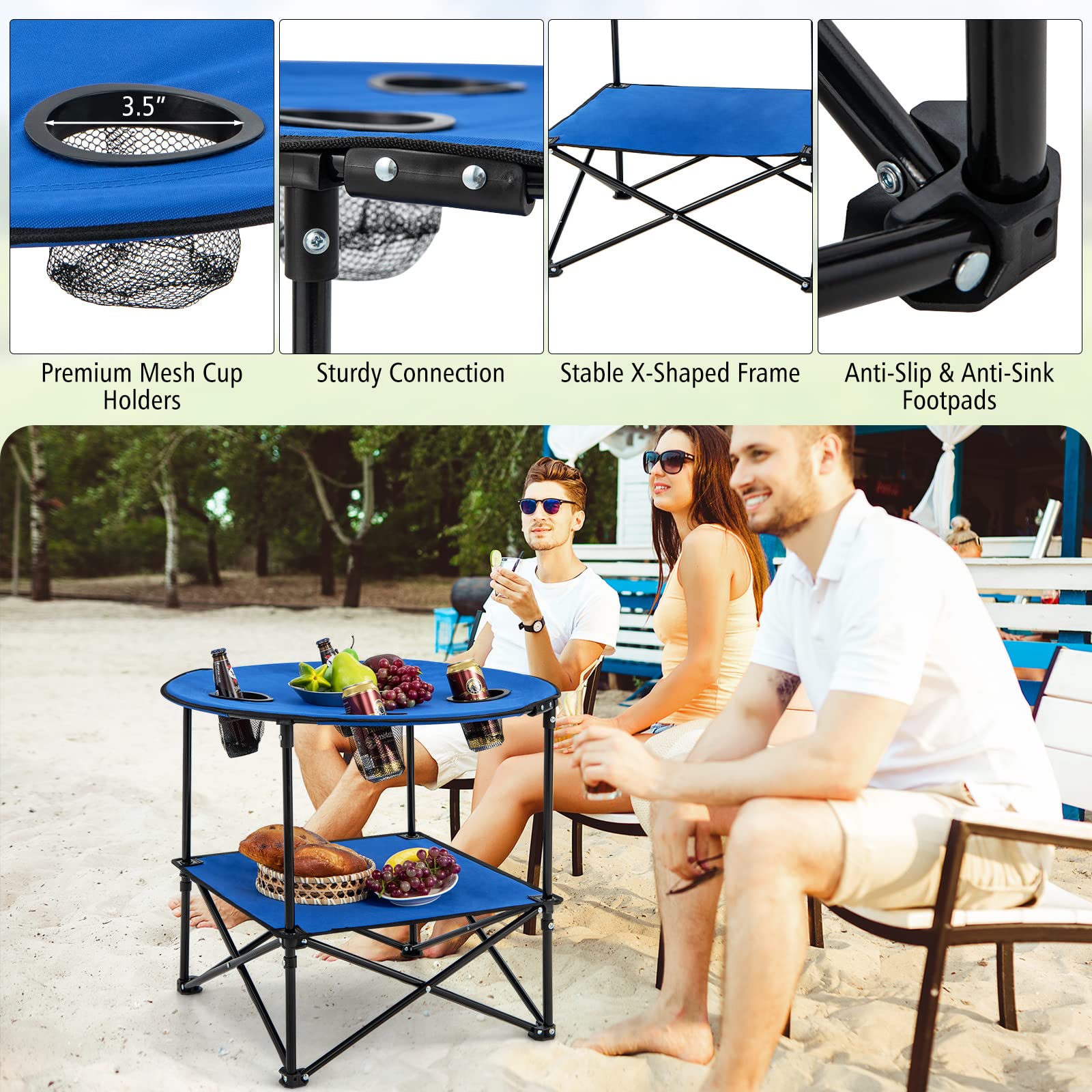 Giantex Folding Camping Table, 2-Tier Portable Picnic Table w/Carrying Bag, 4 Cup Holders
