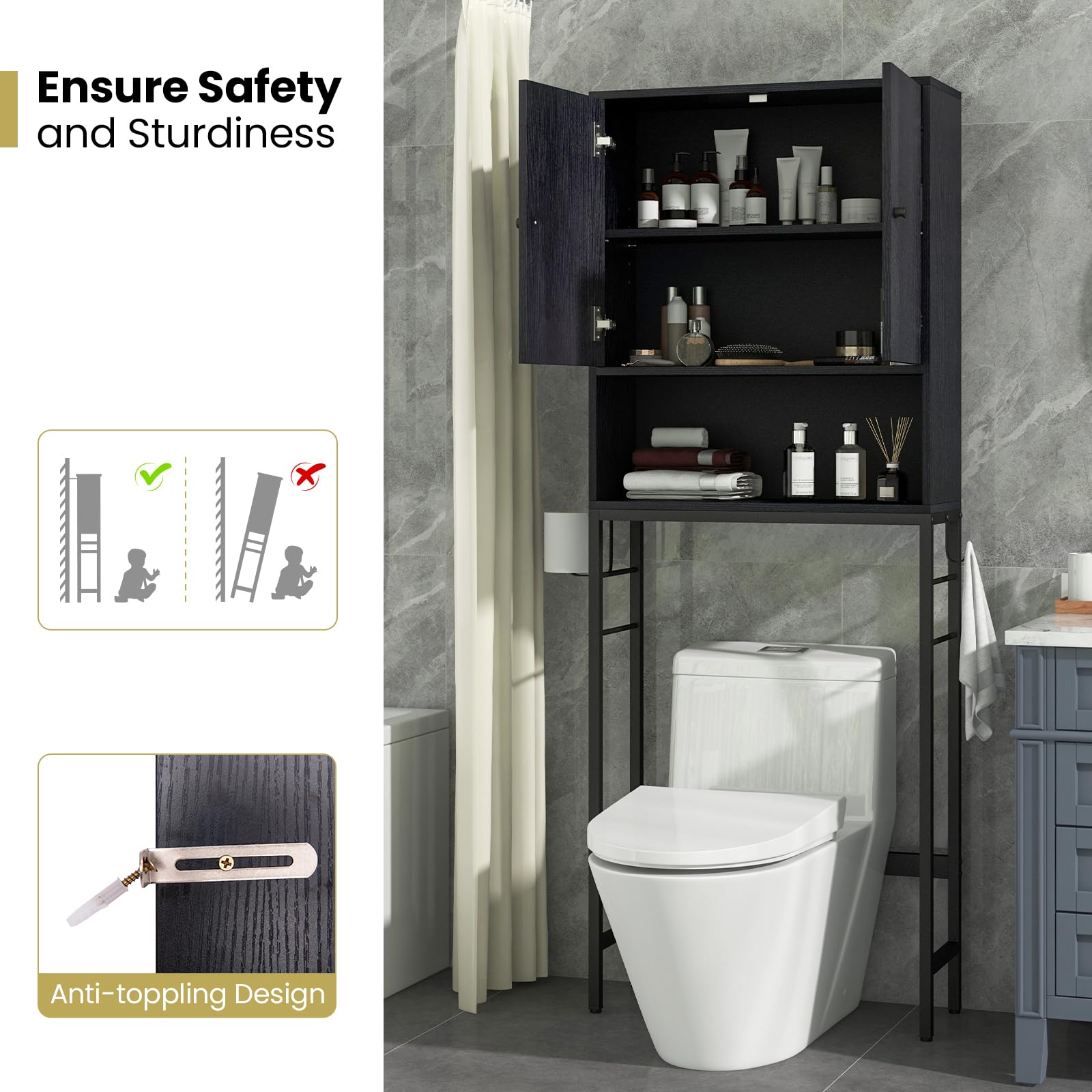 Giantex Over The Toilet Storage Cabinet - Toilet Shelf Rack with Anti-Tip Device