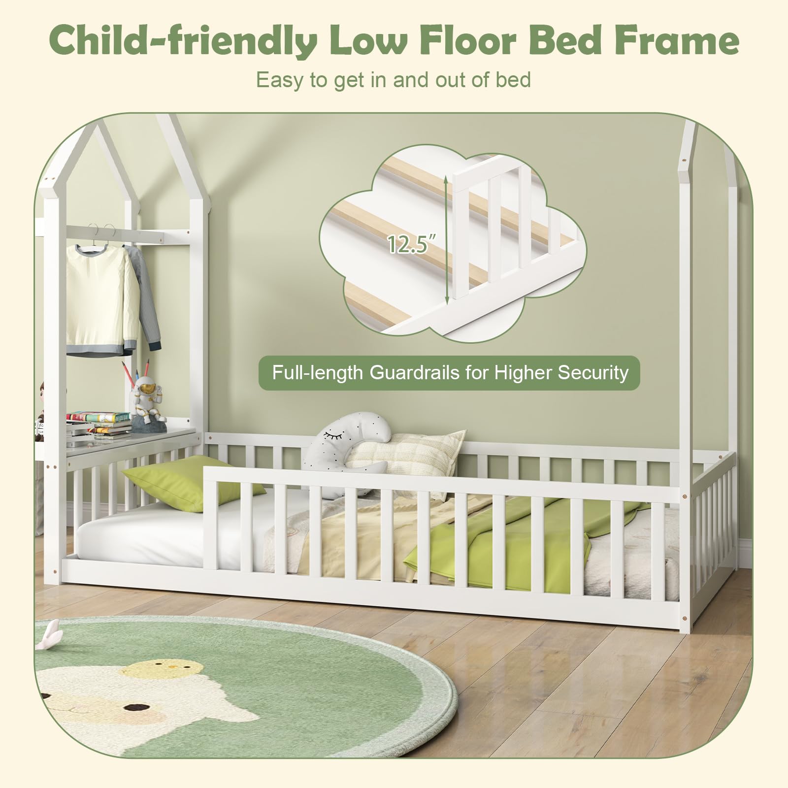 Giantex Twin House Floor Bed, Solid Wood Montessori Floor Bed with Detachable Storage Shelf & Clothes Hanger