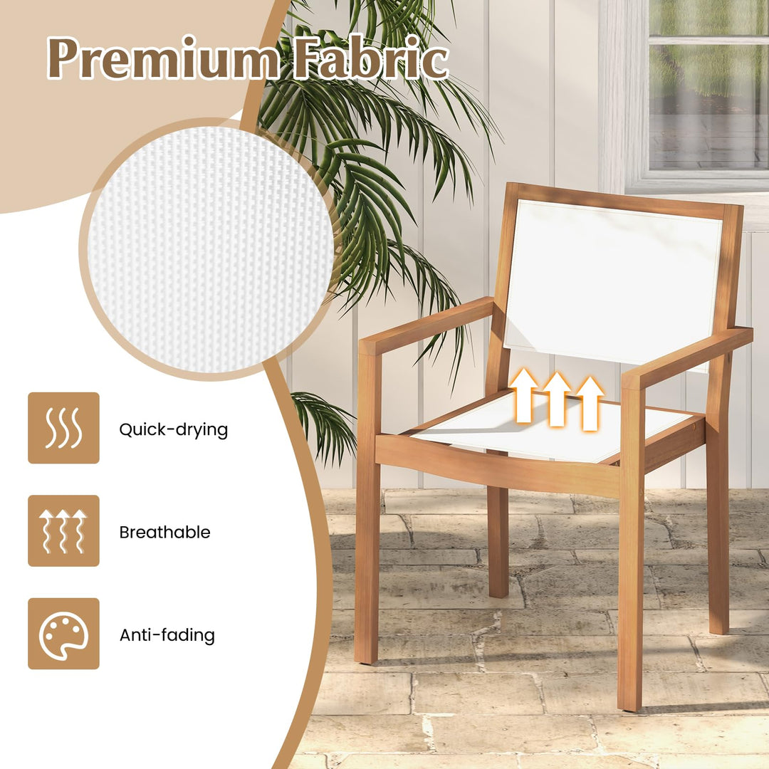 Giantex Stackable Outdoor Dining Chair Set, Patio Armchairs w/Acacia Wood Frame, All Weather Fabric, Armrests