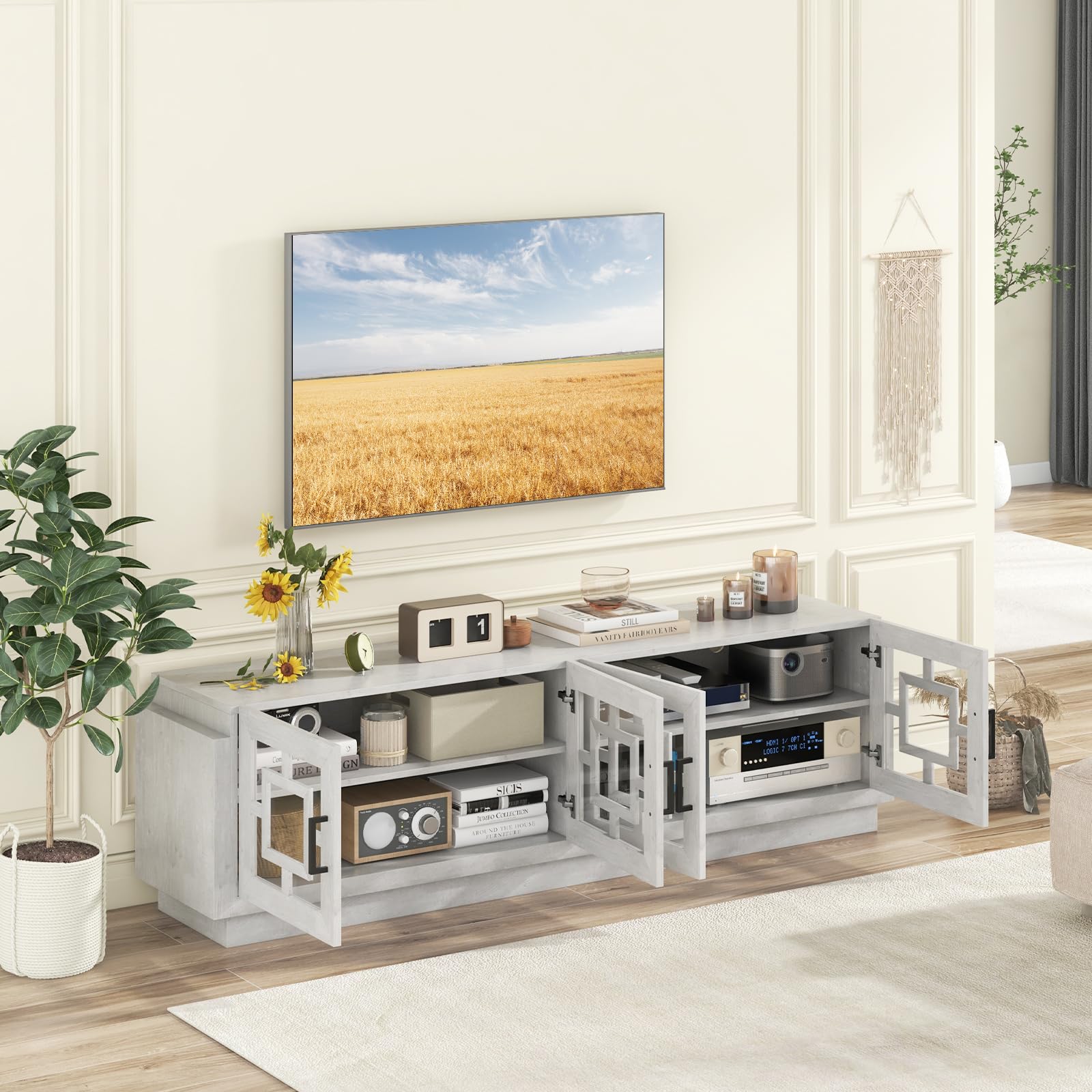 Giantex Farmhouse TV Stand for TVs up to 75”, 4-Door Glass Entertainment Center with 2 Cabinets