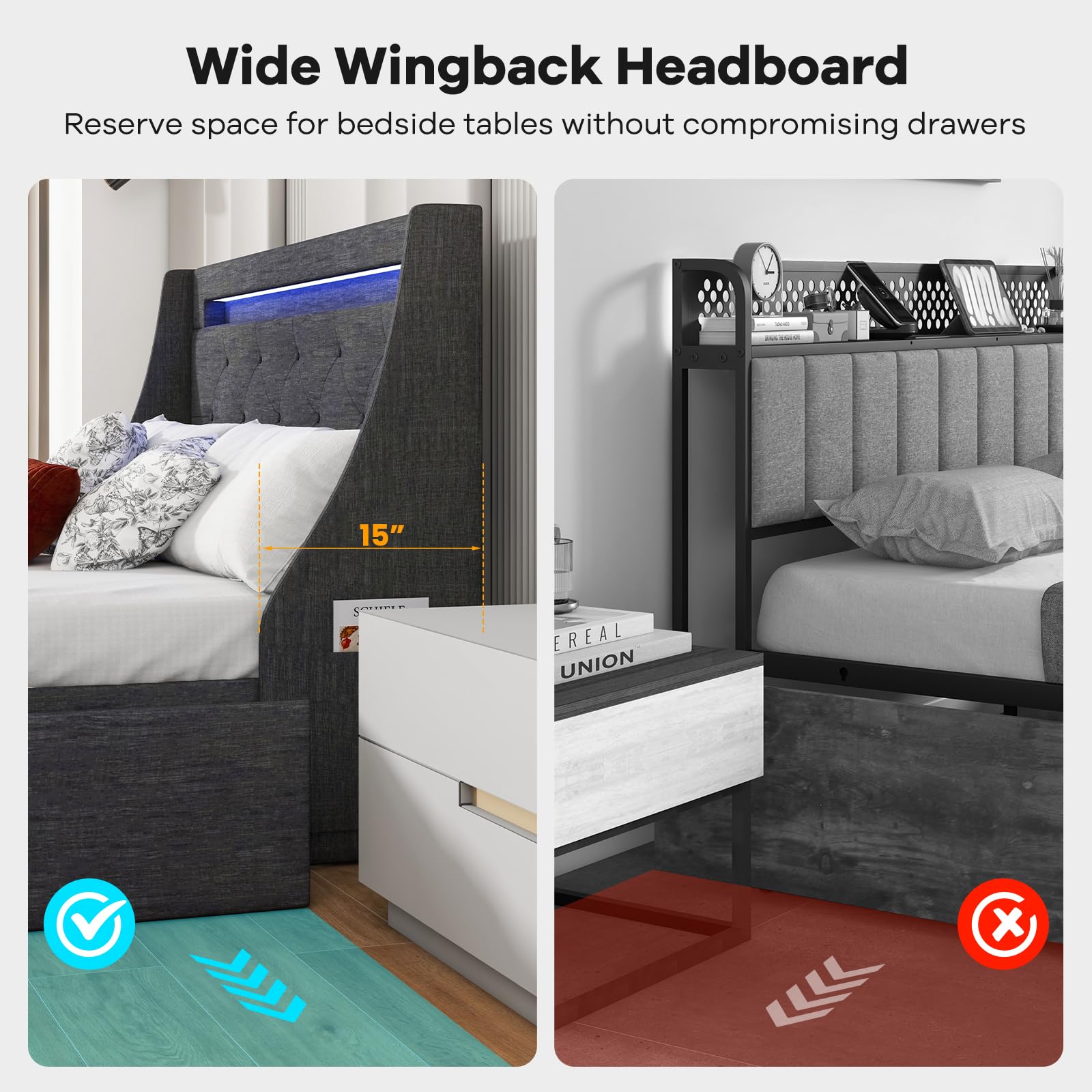 Giantex Full Size Bed Frame with LED Lights & Charging Station, Upholstered Platform Bed with Wingback Headboard