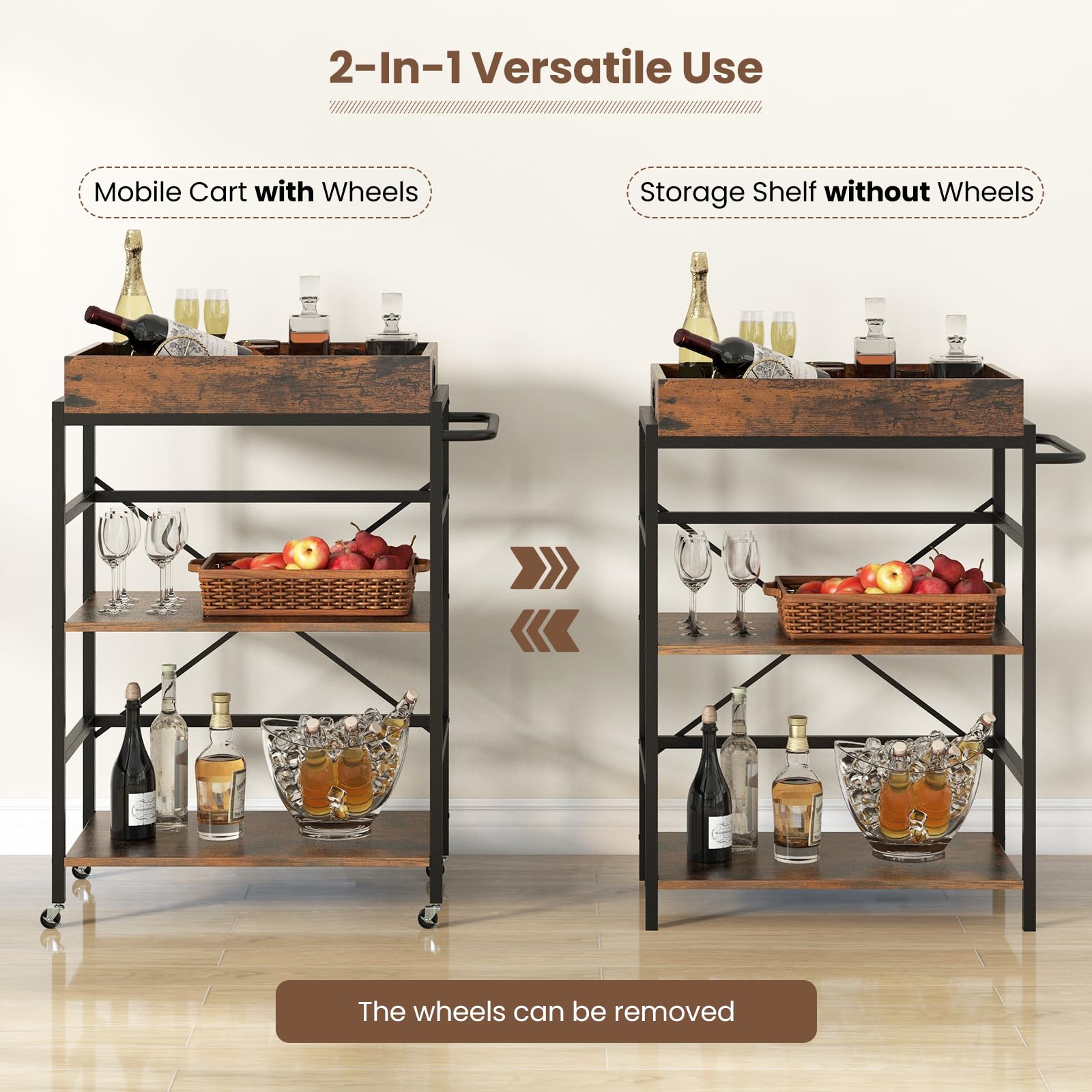 Giantex Rolling Bar Cart, 3-Tier Serving Cart with Removable Tray, 4 Lockable Universal Casters