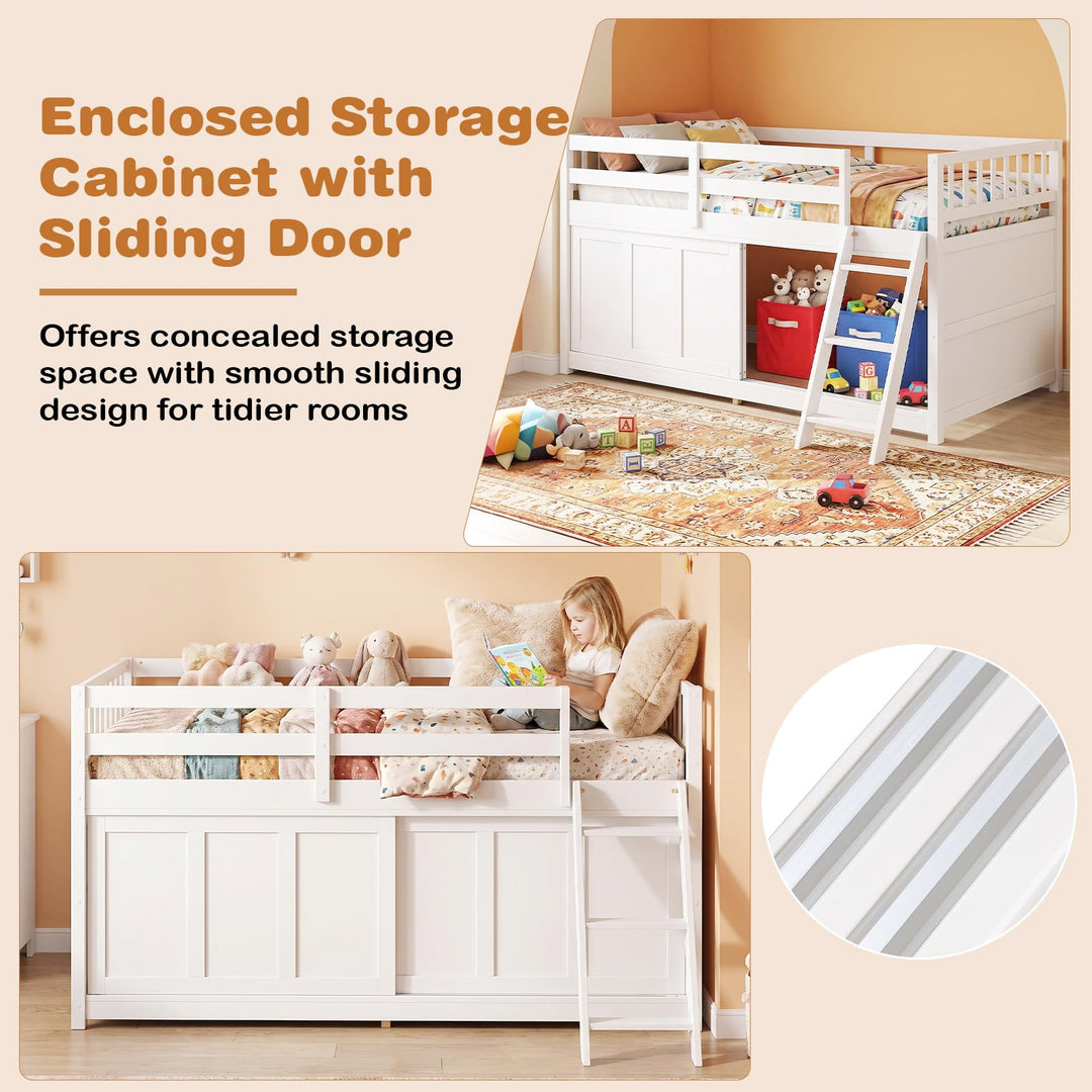 GIANTEX Wooden Low Loft Bed Twin Size with Sliding Door