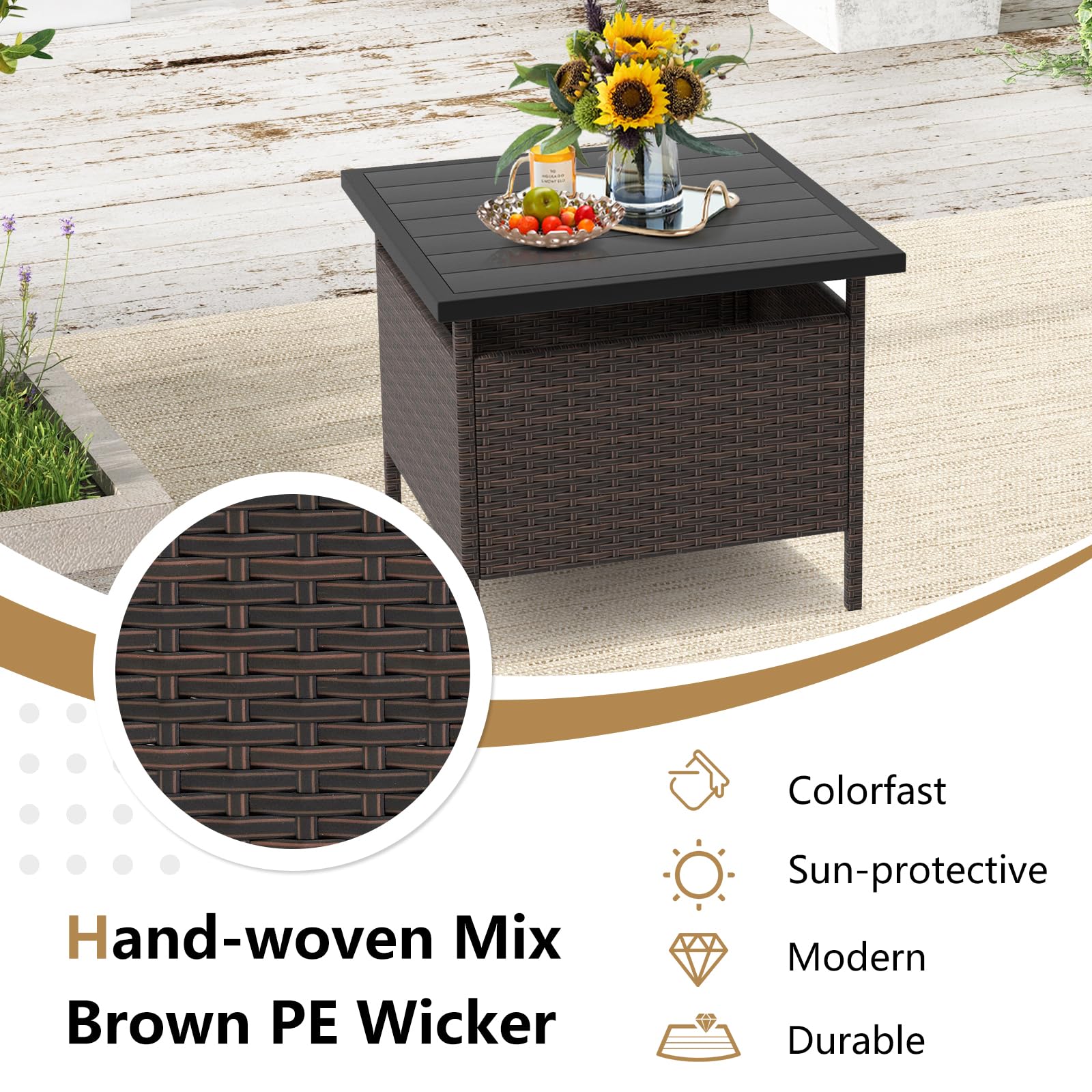 Giantex Umbrella Table, Outdoor Side Table with 2" Umbrella Hole, Rattan Umbrella Stand Holder Table