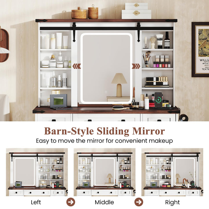 CHARMAID Farmhouse Vanity Table with Barn-Style Sliding Lighted Mirror 45 in Makeup Vanity Desk with Charging Station