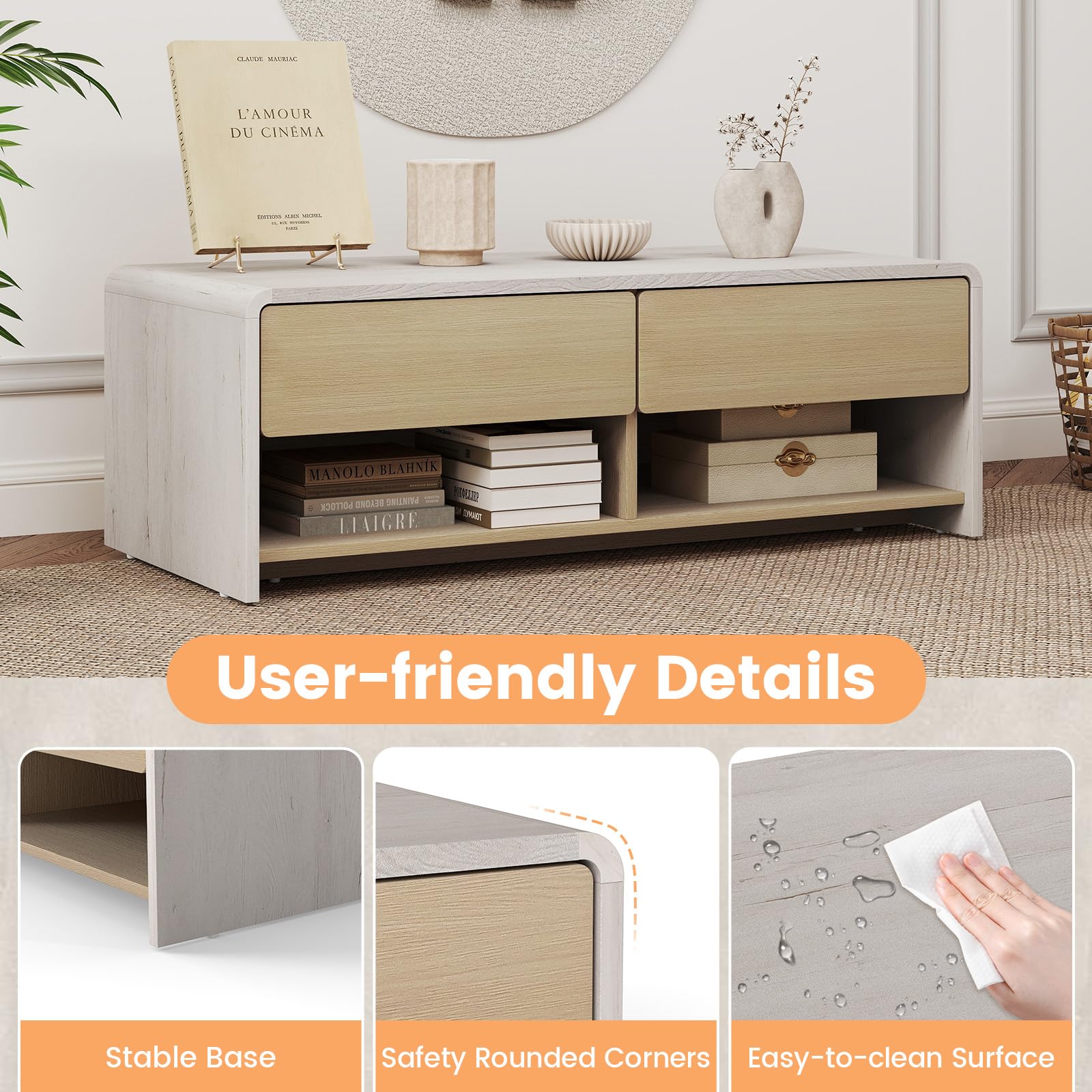 Giantex 43 Inch Modern Rectangle Coffee Table with Storage Drawers