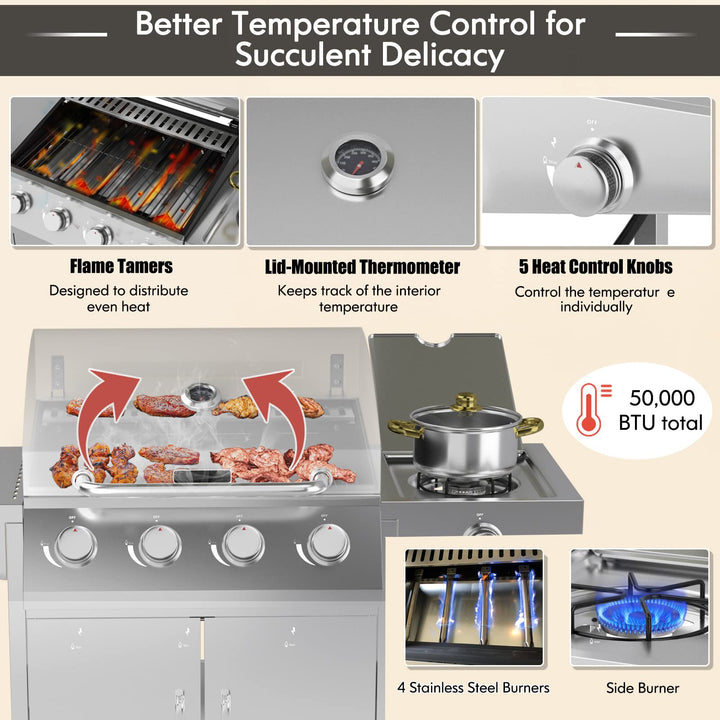 Giantex Propane Gas Grill with 4 Main Burners and Side Burner, total 50,000 BTU