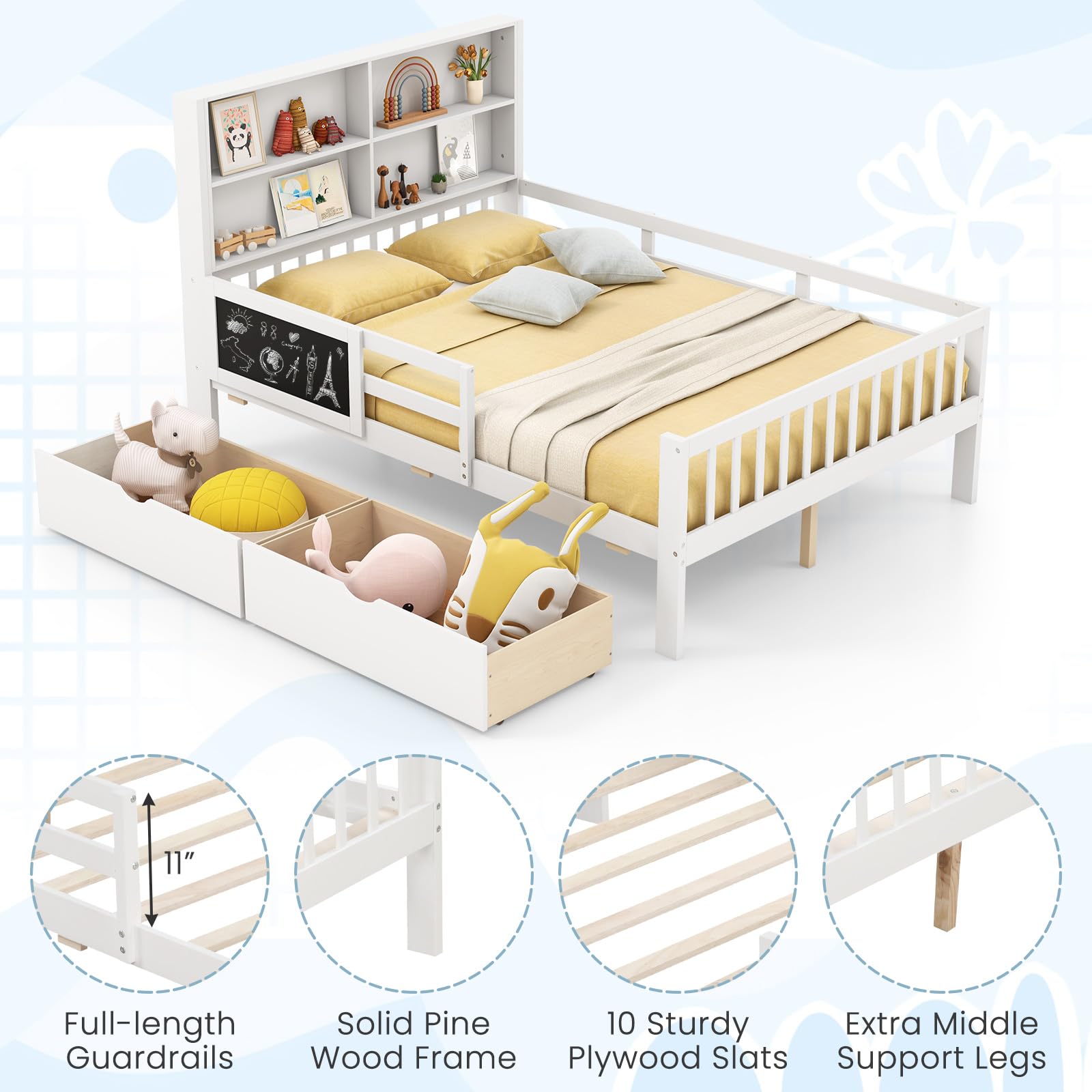 Giantex 2 Storage Drawers, Solid Wood Kids Bed Frame w/Bookcase Headboard & Blackboard