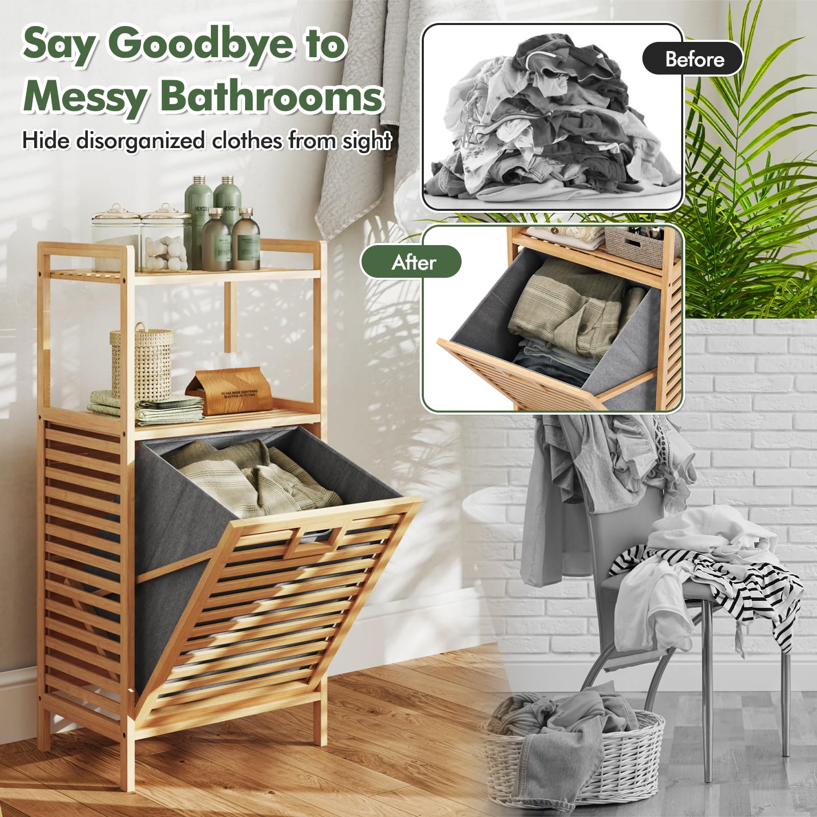 Giantex Tilt Out Laundry Hamper Bamboo Laundry Storage Cabinet with 2-Tier Storage Shelves