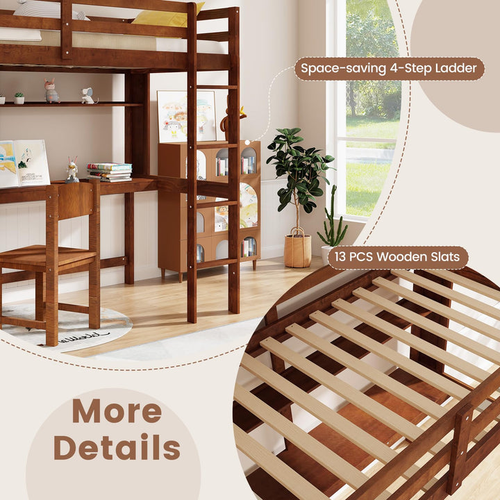 Giantex Twin Loft Bed with Desk and Bookshelf, Wooden Bed Frame with Safety Guardrail &amp; Ladder