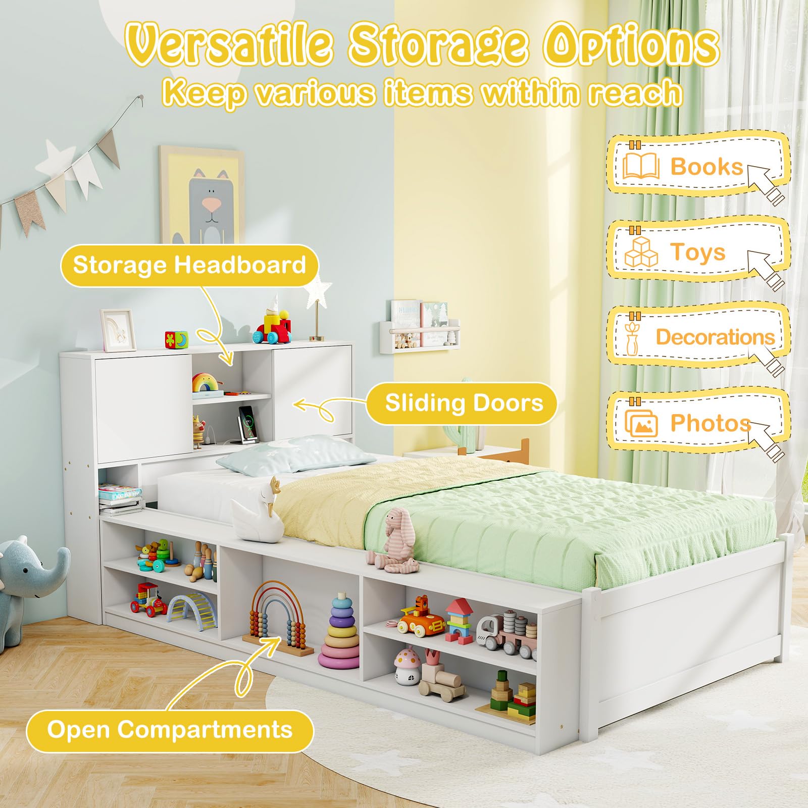 Giantex White Twin Size Bed Frame with Trundle and Bookcase Headboard