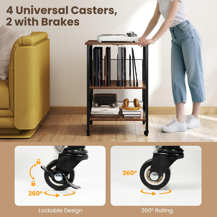 Giantex Record Player Stand with Charging Station Turntable Stand with Record Storage & 4 Rolling Wheels