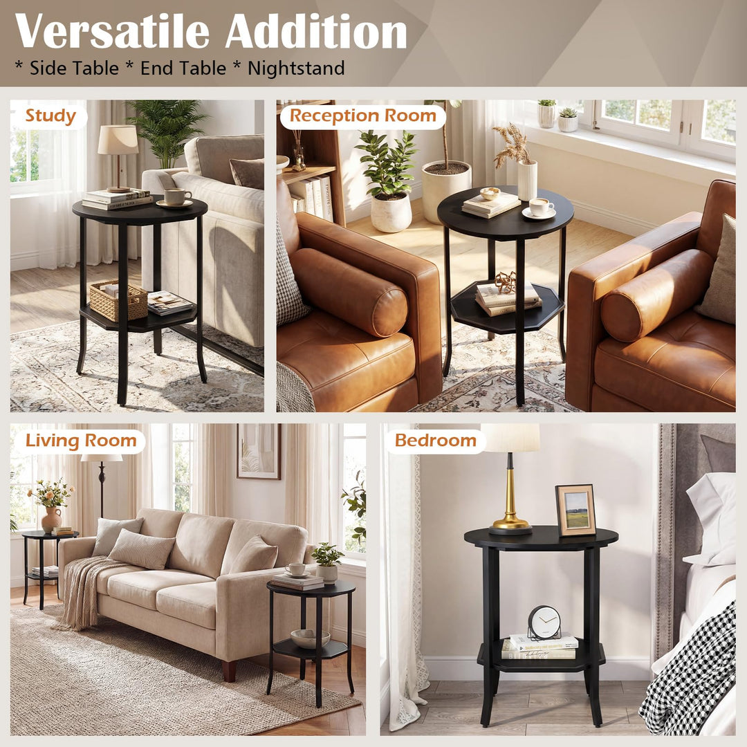 Giantex 2-Tier Round Small Sofa Couch End Table with Storage Shelf &amp; Steel Frame