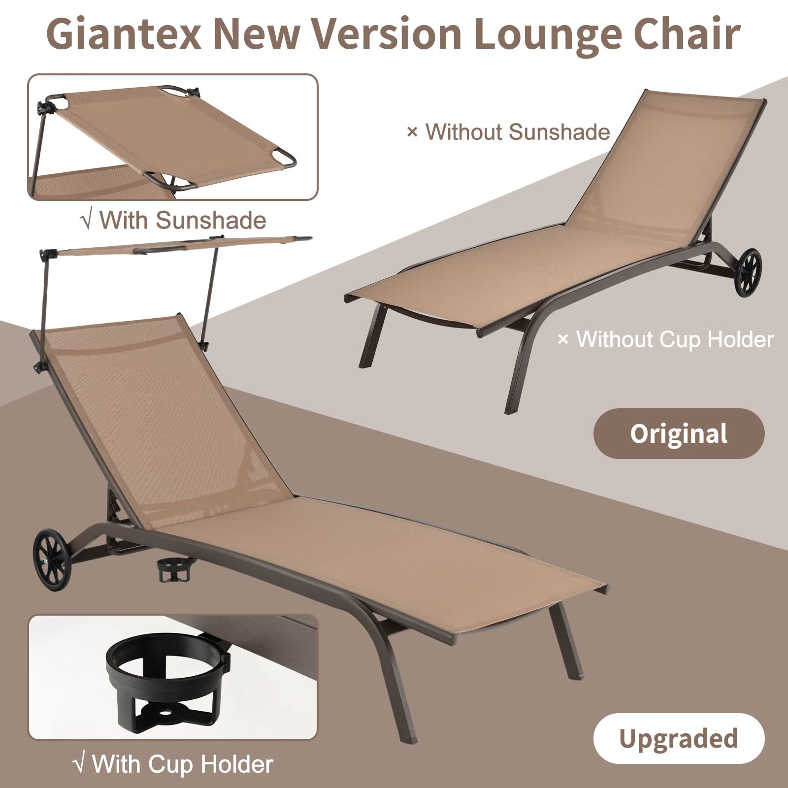 Giantex Outdoor Chaise Lounge Chair, Tanning Chair with Sunshade and Smooth Wheels, 6-Level Adjustable Position