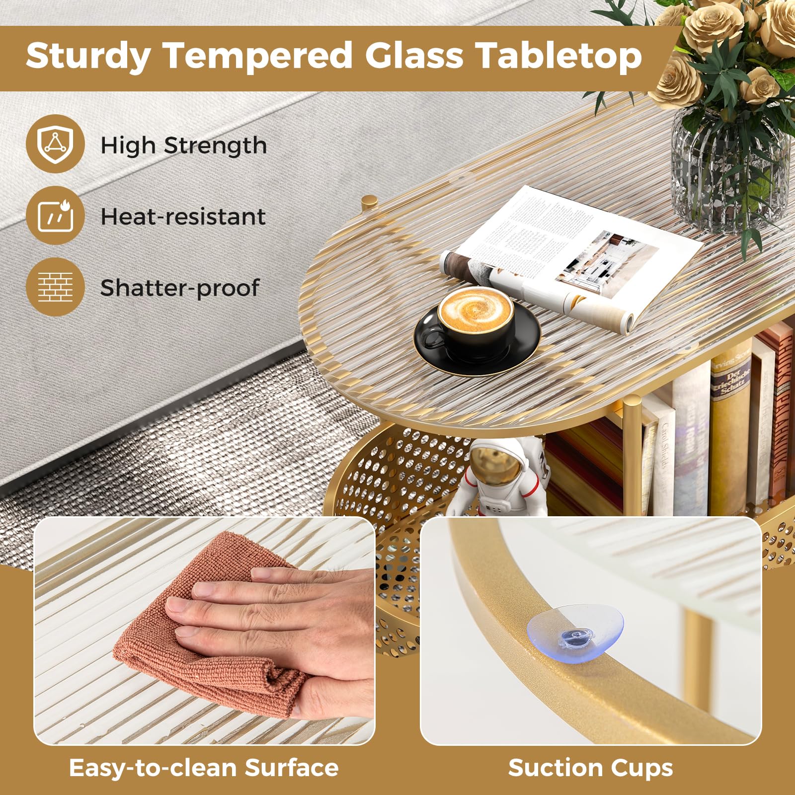 Giantex Mobile Glass Coffee Table, 2-Tier Modern Cocktail Table with Bear Pattern, Storage Basket & Metal Frame