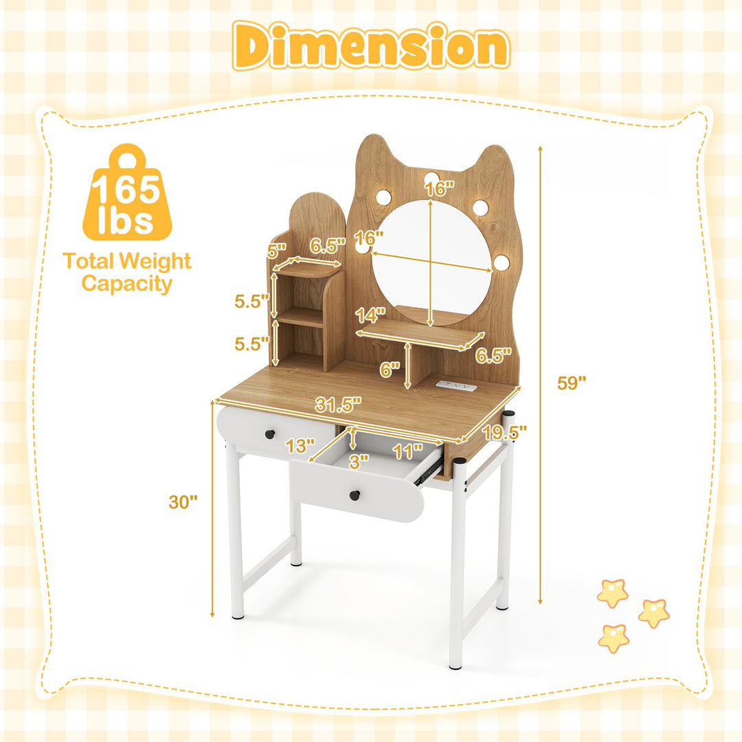 CHARMAID Small Vanity Desk with Mirror and Lights Cute Kitty Makeup Table with Power Outlets