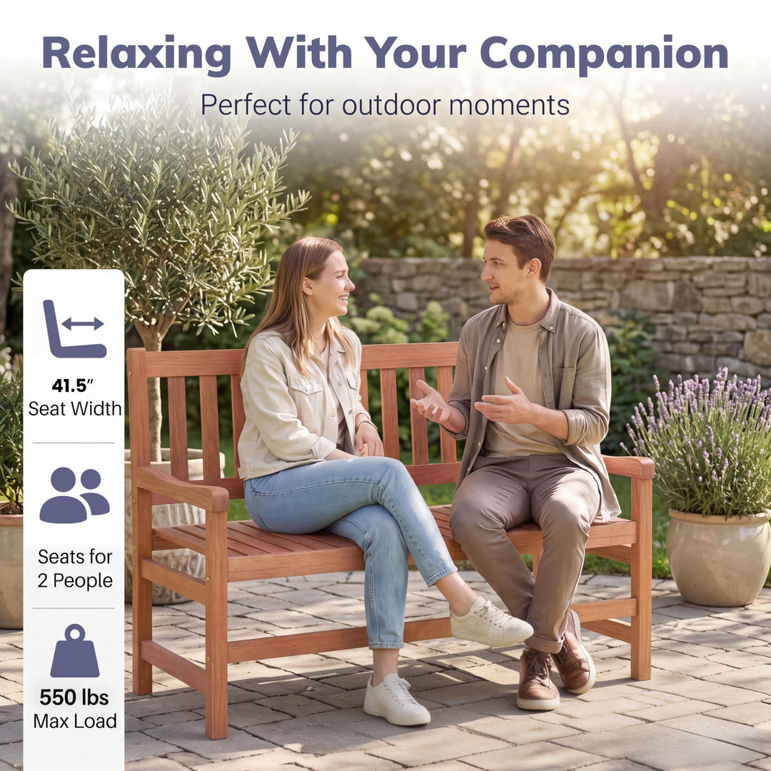 GIANTEX 44 Inch Solid Wood Patio Bench with Slatted Backrest &amp; Armrests