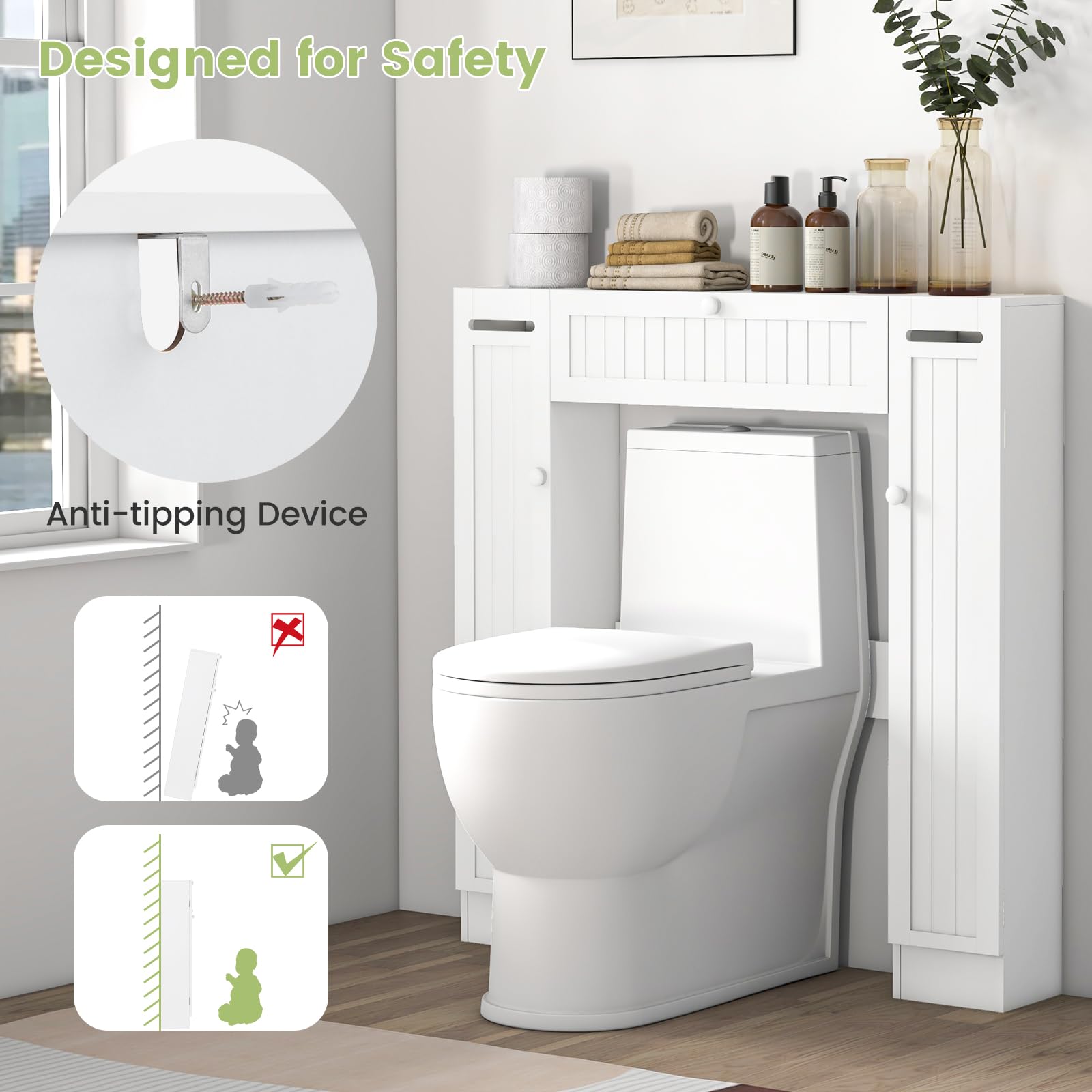 Over-The-Toilet Rack Bathroom Shelf Storage Cabinet Wooden Drop Door Freestanding Spacesaver Improvements, White