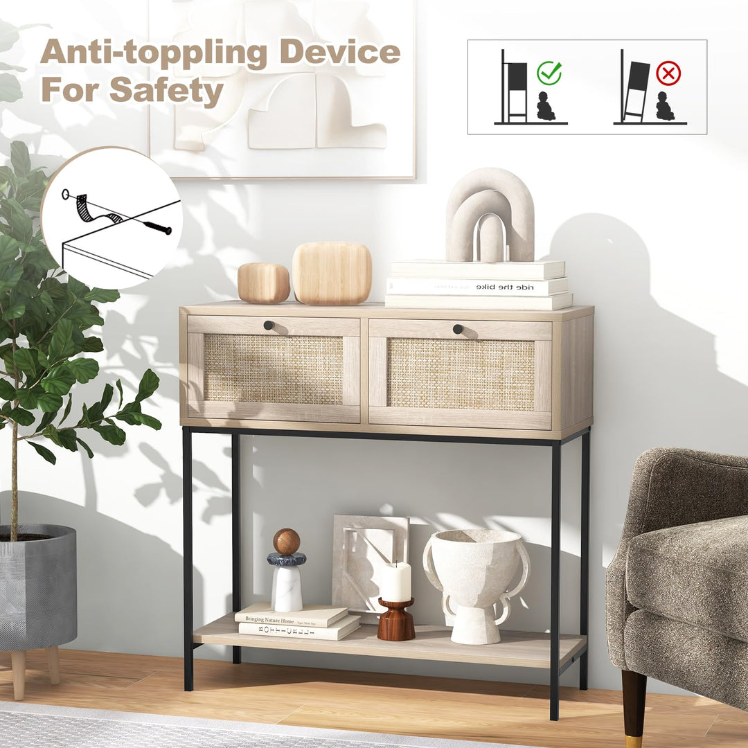 Giantex Console Table with Rattan Drawers - 31.5" Entryway Table w/ 2 Drawers & Open Storage Shelf