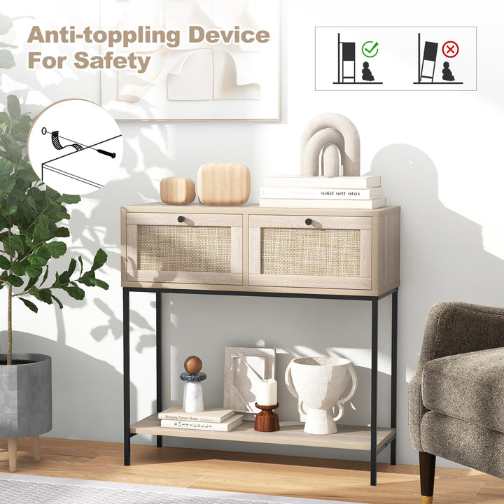 Giantex Console Table with Rattan Drawers - 31.5" Entryway Table w/ 2 Drawers & Open Storage Shelf