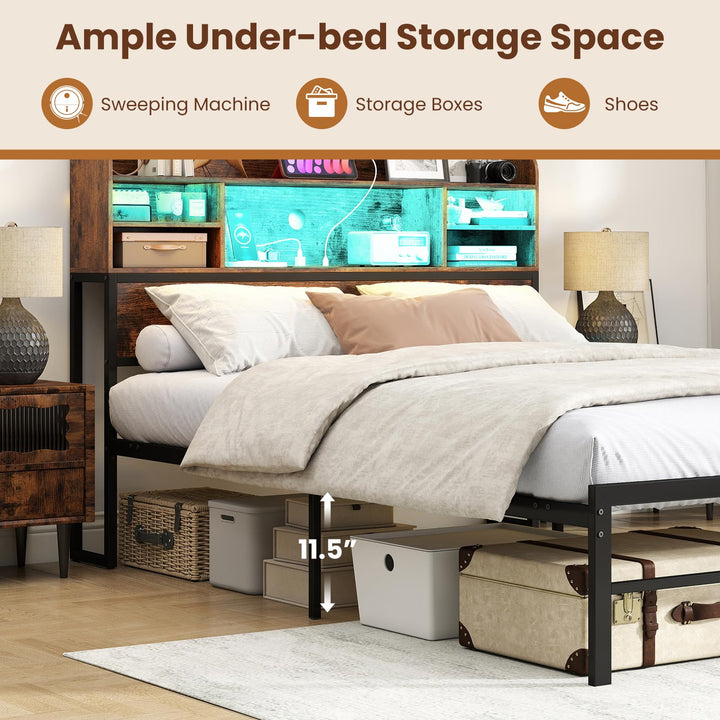 Giantex Full Size Industrial Metal Bed Frame with LED Lights &amp; Charging Station