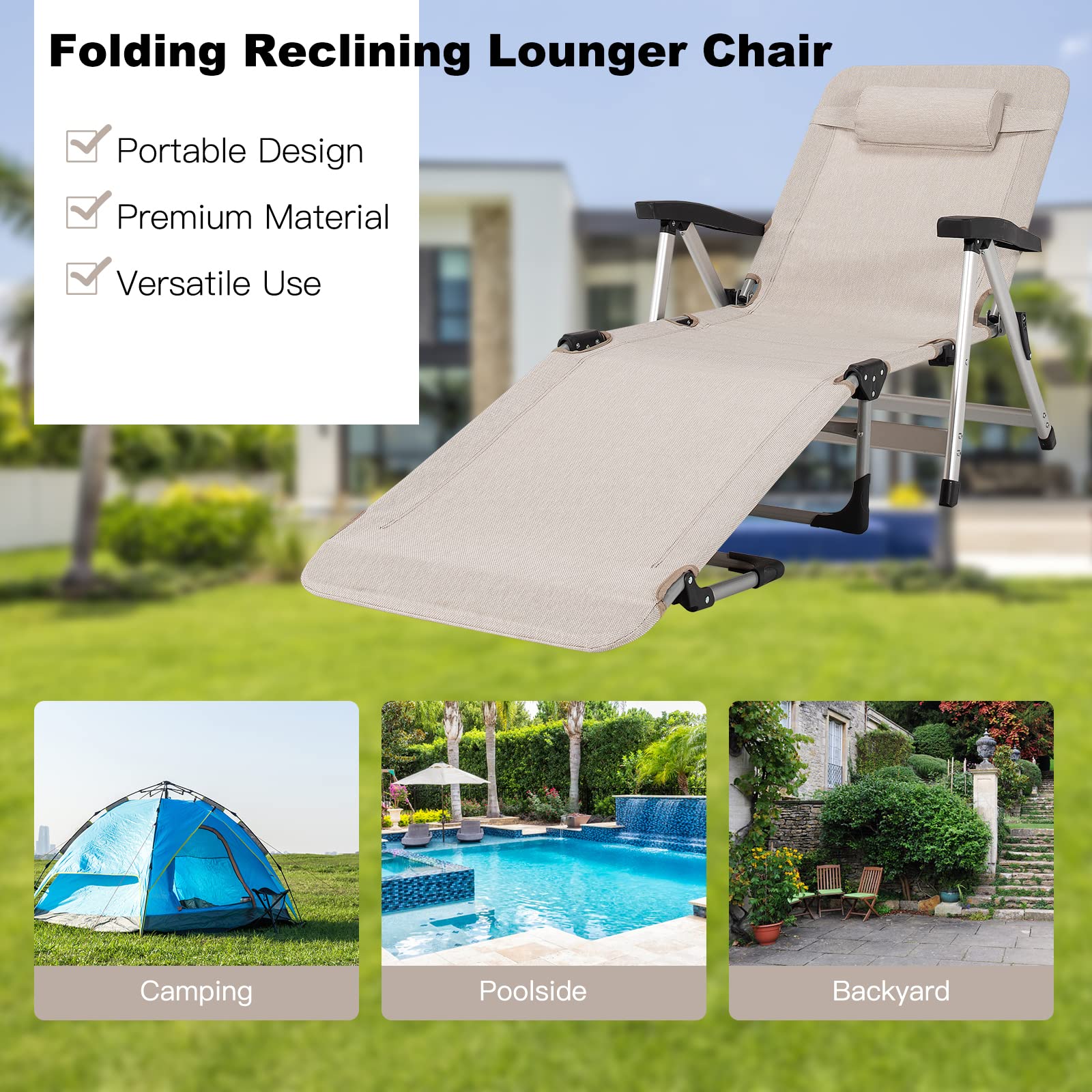Patio Chaise Lounge Chair 7 Adjustable Position Folding Camping Cot