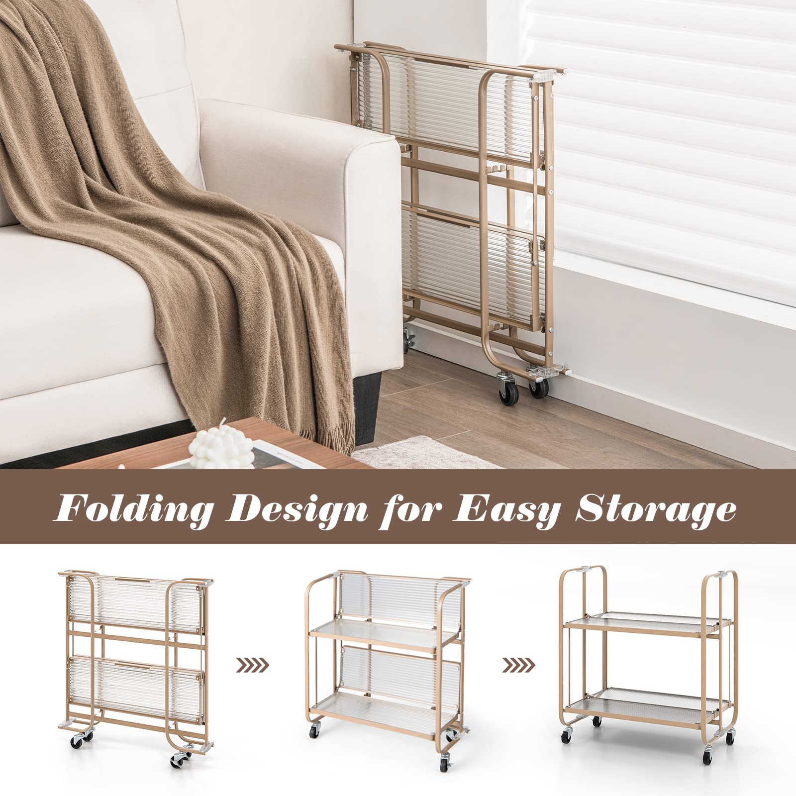 Giantex 2-Tier Mobile Serving Cart, Foldable Storage Cart on Wheels, Tempered Glass Shelf (Rose Gold)